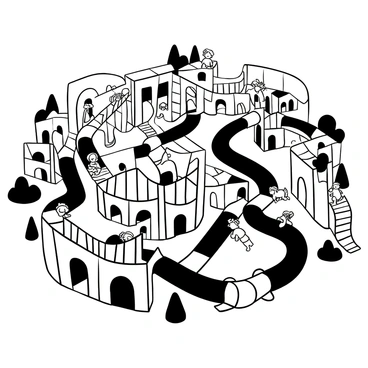 A complex playground maze constructed from various shapes and forms, featuring multiple slides with twisting and turning paths. There are numerous tunnels leading in different directions, creating a sense of adventure for children. The maze includes climbing structures and platforms of varying heights, interconnected and surrounded by open spaces. Children can be seen engaging with the maze, navigating through the tunnels and sliding down the slides. The entire scene is filled with playful energy and excitement.