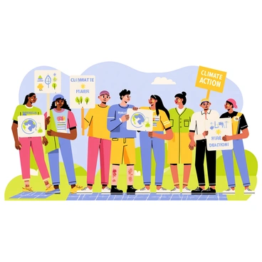 A peaceful protest scene featuring a diverse group of people standing together. Individuals of various ethnic backgrounds are holding colorful signs with messages about "climate action." Some signs display drawings of Earth, trees, and animals. The participants wear casual clothing in vibrant colors, and there are a few individuals with face paint. The background shows a clear blue sky and a green park setting, with a few trees and picnic blankets spread out.