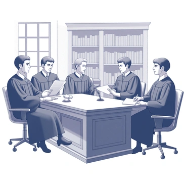 A group of judges seated around a large, ornate wooden table. Each judge is wearing traditional black robes with intricate details, reflecting their authority. They have serious expressions as they engage in deliberations. One judge holds a stack of documents related to the "Gibbons v. Ogden" case, while another is making notes on a notepad. The room is lined with bookshelves filled with legal texts, and a large window provides light to the scene. A gavel rests in front of one of the judges, symbolizing their roles in the judicial process.