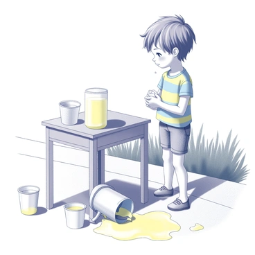 A young child is standing at a small sidewalk lemonade stand, tears streaming down their face. The child is wearing a colorful shirt and denim shorts, with messy hair. A plastic pitcher tipped over, spilling lemonade across the ground, and a few cups are scattered around, some filled and some empty. The child's expression shows distress as they look down at the mess. In the background, a sunny day is depicted, with a few green plants and a sidewalk running alongside the stand.