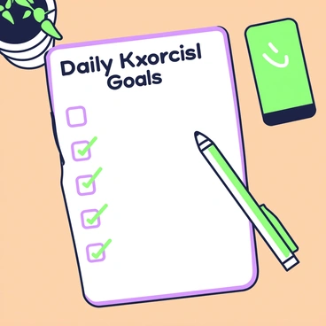 A checklist pad is placed on a wooden table. The pad has a green outline with evenly spaced boxes for tracking daily Kegel exercise goals. Each box contains a small check mark symbol, indicating the completion status. At the top of the pad, there is a title in bold letters that reads "Daily Kegel Exercise Goals." Beside the checklist, a green pen rests, ready for use. A small plant in a pot sits in the background, adding a touch of freshness to the scene.
