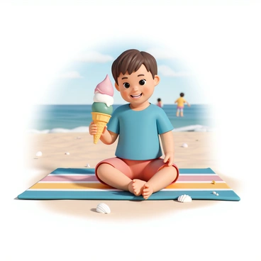 A young child, wearing a bright blue t-shirt and red shorts, is sitting on a vibrant beach blanket, patterned with colorful stripes. The child has short brown hair and a big smile, holding a large ice cream cone that has three scoops: pink strawberry, white vanilla, and green mint. The ice cream is melting slightly in the warm sun. Around the child, there are seashells and a few sand toys scattered on the sand. In the background, there are people playing and the blue ocean waves gently lapping at the shore.