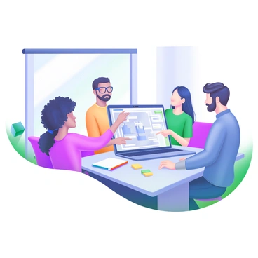 A modern pastel illustration depicting a diverse group of coworkers gathered around a rectangular table. There are four individuals: a woman with curly hair wearing glasses, a man with short hair and a beard, a woman with straight hair and a ponytail, and a man with wavy hair. Each person has a notebook and a laptop in front of them, with colorful sticky notes scattered across the table. The atmosphere shows focused engagement as they point at a laptop screen displaying a project diagram. A large window in the background lets in soft natural light.