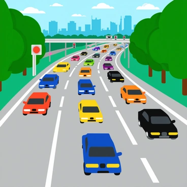 A busy highway filled with a large number of colorful cars moving in both directions. The highway is lined with green trees and tall buildings in the background. In the foreground, cars are bumper to bumper, showcasing various colors like red, blue, yellow, and black. The scene includes visible traffic signals and road signs. A few cars have their headlights on, indicating the late afternoon setting, while others are in motion with blurred lines to suggest speed.