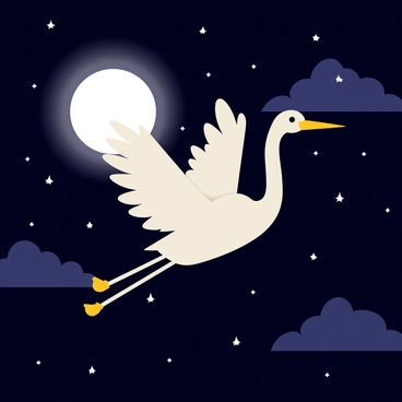 A "cigogne" flying across a dark night sky filled with twinkling stars. The "full moon" casts a bright, silvery light, illuminating the cigogne's wings and creating a gentle glow around it. The cigogne is depicted with its long beak pointed forward, and its legs extended behind it in graceful flight. The clouds are subtly visible, adding depth to the night sky behind the cigogne.