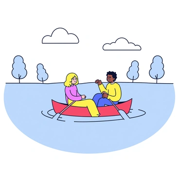 A couple is in a small boat, gently rowing across a smooth, reflective lake. The boat is painted in bright colors, and the couple is seated comfortably, with one person holding the oars. The lake is bordered by simple outlines of trees, and the sky above is clear with a few fluffy clouds. The water ripples softly around the boat as it moves forward.