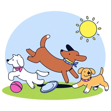 A dog enjoying a playdate with other dogs, all wearing personalized accessories.