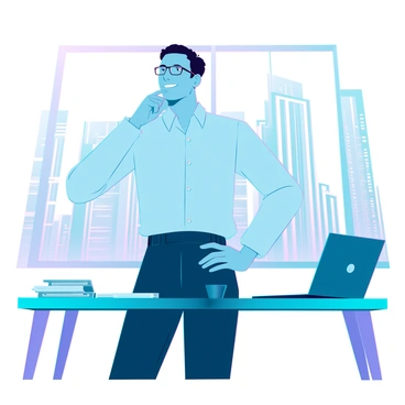 A thoughtful man with short dark hair and glasses, wearing a light blue dress shirt and dark trousers. He is standing in a modern office with sleek furniture, a large window showing a cityscape in the background. His right hand is tapping his head lightly, and he has a smirk on his face, suggesting a clever idea. A few digital devices, like a tablet and a laptop, rest on a desk nearby, with papers scattered around, emphasizing a busy work environment.