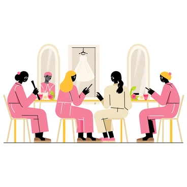 A group of five bridesmaids wearing matching pastel-colored robes is gathered in a bright and cheerful room. Each bridesmaid is seated at a vanity mirror, applying makeup with brushes and palettes in front of them. One bridesmaid is curling her hair with a curling iron, while another is carefully fastening a hairpin into her ponytail. The room is filled with soft natural light, and floral decorations are arranged on the table and around the mirrors. In the background, there is a beautiful wedding dress hanging on a door, adding to the festive atmosphere.