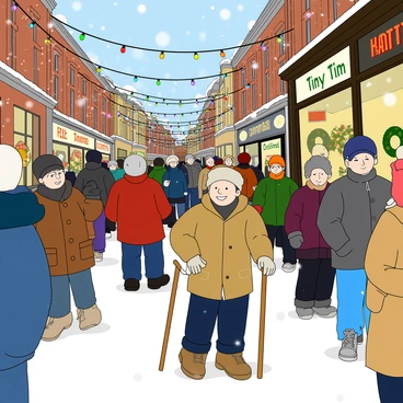 A busy London street filled with pedestrians wearing winter clothing, including scarves and gloves. The scene is adorned with colorful Christmas lights strung across the buildings. Among the crowd walks "Tiny Tim," a small boy with light skin, wearing a tattered coat and a woolen cap. He is leaning on a wooden crutch, smiling as he looks at a nearby shop window displaying festive decorations. Snowflakes gently fall from the sky, settling on the ground and on the hats of the people. Various shops in the background feature "Christmas" signs and wreaths hanging on their doors. The atmosphere is lively, with people chatting and children playing in the snow.