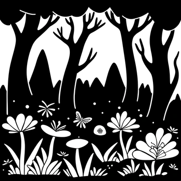 A dense forest filled with towering trees, their trunks gnarled and twisted. Various plants, with intricate shapes, emit a soft glow, illuminating the underbrush. Small, delicate fairies with translucent wings are seen fluttering among the branches, leaving trails of light as they move. The forest floor is covered in a thick layer of leaves and moss, interspersed with luminescent fungi. In the background, the outline of more trees creates a sense of depth and mystery.