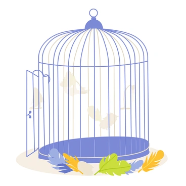 A large birdcage with an intricate wrought iron design, featuring swirls and curls. The door of the cage is wide open, swinging slightly as if recently opened. Scattered around the base of the cage are colorful feathers in shades of blue, green, and yellow, creating a vibrant contrast against the simple ground. The inside of the cage is empty, suggesting a recent escape, with a few perches visible. Sunlight casts soft shadows through the bars, enhancing the scene.