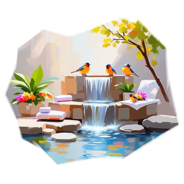 A tranquil spa setting with a gentle waterfall cascading over smooth stones, creating a soothing sound. Surrounding the waterfall are lush green plants and vibrant flowers, adding splashes of color. In the background, a variety of birds can be seen perched on branches, their feathers bright and colorful as they softly chirp. The scene features a small wooden deck with comfortable lounge chairs arranged for relaxation, and a serene atmosphere is enhanced by the soft glow of natural light filtering through the foliage.