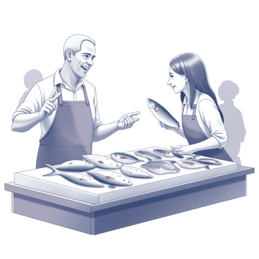 A fish vendor stands behind a wooden stall filled with various types of fish displayed on ice. The vendor, a middle-aged man with a friendly expression, gestures animatedly with one hand while holding a fish in the other hand, emphasizing its features. The customer, a young woman with an interested look, leans slightly forward, engaging with the vendor. Fresh seafood is neatly arranged, including whole fish and fillets, creating an appealing display that highlights the variety available. The setting suggests a bustling market atmosphere, with other vendors and customers in the background.