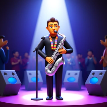 A musician holding a shiny silver saxophone while standing on a brightly lit stage. The musician is wearing a stylish black outfit with a colorful scarf. The stage is equipped with large speakers and a microphone in front of the musician. The background is filled with blurred silhouettes of an audience, some people are clapping. A spotlight is directed towards the musician, highlighting their focused expression as they perform for the music test audition.
