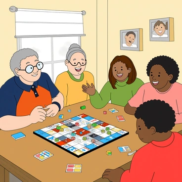 A multi-generational family gathered around a large wooden table, engaged in an exciting game night. The room is filled with colorful board games scattered across the table. There are four family members: a grandfather with gray hair and glasses, a grandmother with gray hair in a bun, a teenage girl with long brown hair, and a young boy with short curly hair. They are all smiling and laughing. The grandfather is animatedly explaining the rules, while the grandmother leans in with a playful expression. The girl is holding a game piece, and the boy is smiling widely while looking at the game board. The wall behind them is decorated with family photos, and a warm light illuminates the happy scene.