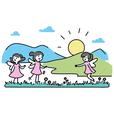 A group of small fairies with delicate wings, illuminated by the soft glow of early morning light. They are dancing gracefully among lush green grass, surrounded by tiny wildflowers in various shades. The sun is rising in the background, casting a warm golden light over a tranquil landscape with rolling hills and a gentle river. The sky transitions from deep blue to soft pastels, creating a serene atmosphere.