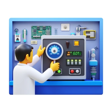 A scientist wearing a white lab coat adjusting a voltage meter on a complex electronic device. The scientist has short, dark hair and is focused on the task. The laboratory is filled with various electronic components and tools, including circuit boards and wires. The voltage meter displays bright numbers and dials. The device itself has multiple buttons and glowing lights, showcasing intricate details. The overall scene conveys a sense of precision and experimentation.