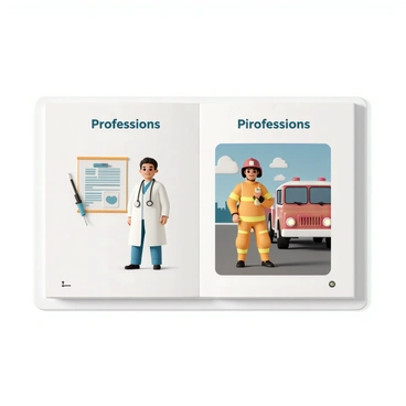 A flashcard featuring two cartoon characters in different professions. On one side, there is a doctor, a cheerful character wearing a white lab coat, a stethoscope around their neck, and a friendly smile. They are standing next to a medical chart and a syringe. On the other side, there is a firefighter, a strong character wearing a red helmet, a yellow firefighting suit, and holding a fire hose. They are standing next to a fire truck with the fire station in the background. The title at the top reads "Professions".