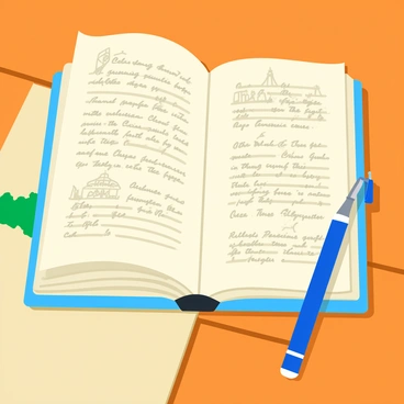 An open travel journal lying on a wooden table. The pages are filled with detailed sketches of famous landmarks like the Eiffel Tower, the Great Wall of China, and the Colosseum. Each sketch is accompanied by handwritten notes in elegant cursive, describing the landmarks. A fountain pen rests beside the journal, and a map lays partially folded, hinting at adventures to come. The lighting creates soft shadows, emphasizing the textures of the paper and the wood.