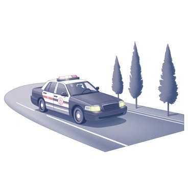 A police cruiser parked beside a road with its emergency lights flashing. The vehicle is clearly marked with the police insignia on its doors. Surrounding the cruiser, there are trees lining the edge of the road and a clear lane in front of the vehicle. The scene is set during the day, with the road showing slight wear from use. An open area beside the road provides space for pedestrians.