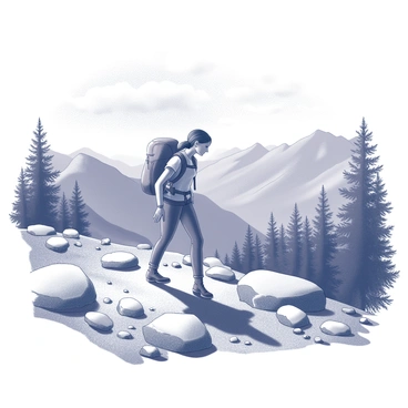 A woman hiking up a rocky mountain trail. She carries a backpack on her back, which is secured tightly. The terrain is uneven with large stones and patches of dirt along the path. Surrounding her are sweeping views of distant mountains and valleys, with tree lines marking the edges. The sky above is expansive, showcasing clouds that contrast with the rugged landscape. The woman has her hair tied back and wears comfortable hiking clothes, focused on her ascent.