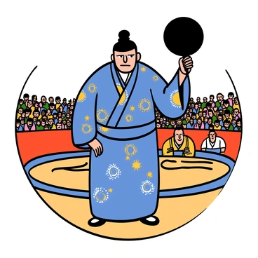 A sumo referee with light skin wearing a traditional kimono, featuring intricate patterns in blue and gold, stands confidently on the sumo ring. His hair is styled in a topknot, and he has a serious expression. He is holding a black fan in one hand, ready to signal the start of the match. The arena is filled with spectators, and there are two sumo wrestlers visible in the background, preparing for the bout. The referee's stance is firm, embodying authority and tradition.