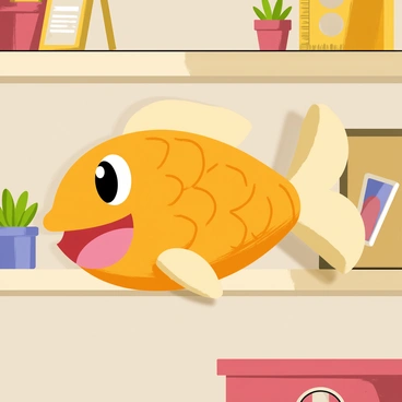 A handcrafted ceramic Magikarp figurine sits prominently on a wooden shelf. The figurine is painted in bright orange with detailed scales, large bulging eyes, and a wide open mouth. It has whimsical fins in pale yellow and a curled tail. The shelf is adorned with other decorative items, such as small plants in pots and picture frames, adding depth to the scene. A soft light casts gentle shadows, highlighting the smooth texture of the ceramic.