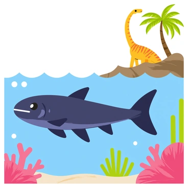 A coelacanth with a dark blue body and distinctive lobed fins is swimming gracefully through the water. Its scales shimmer, reflecting light as it glides among ancient coral formations. In the background, large dinosaurs are visible on a rocky shoreline, with a tall Brachiosaurus reaching for leaves from towering trees. The scene captures an underwater view with bubbles rising around the coelacanth, while the dinosaurs are interacting with their environment, creating a dynamic prehistoric landscape.