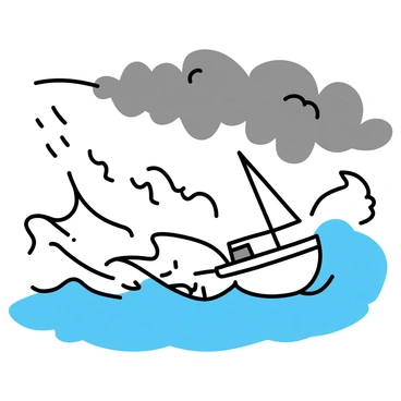 A small boat with a single sail is being tossed by towering waves, which rise dramatically around it. The boat is angled sharply to the right, with water splashing over its sides. Above, a dark, stormy sky is filled with swirling gray clouds, suggesting strong winds and impending rain. The waves are depicted with sharp peaks and valleys, emphasizing their size and power.