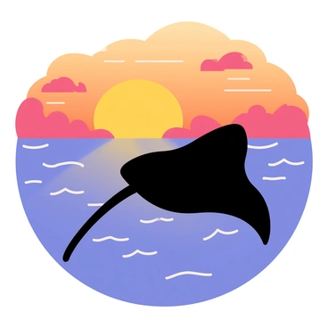 A silhouette of a stingray gliding gracefully through the water. The stingray has a broad, flat body and long, slender tail. The background features a glowing ocean sunset with vibrant hues of orange, pink, and purple blending together. Gentle waves ripple beneath the stingray, reflecting the colors of the sunset. Silhouetted clouds drift across the sky, adding depth to the scene. Soft rays of sunlight radiate from the horizon, illuminating the water's surface.
