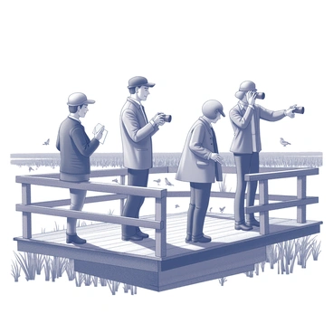 A group of four birdwatchers standing on a wooden viewing platform. Each birdwatcher is equipped with binoculars, actively observing the wetland below. The platform overlooks a sprawling area of reeds and marshland, with various types of birds in the distance. One birdwatcher is pointing towards a specific bird, while another is jotting notes on a small notepad. The scene captures the enthusiastic expressions on their faces as they engage in their hobby. Some birds can be seen flying or perched on nearby branches, adding to the lively atmosphere of the wetland.