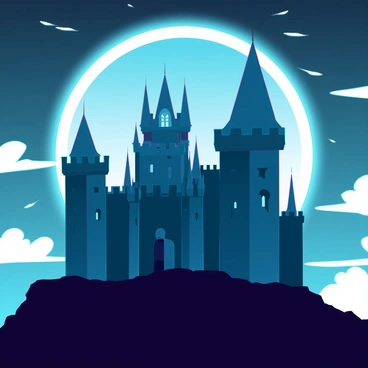 A medieval castle with tall, stone towers and battlements, standing majestically on a hilltop. The sky is filled with a dramatic solar eclipse, where the moon partially obscures the sun, creating a halo effect around it. The castle's silhouette is dark against the bright light of the eclipse, with intricate details of the architecture visible in shadow. Wispy clouds drift across the sky, enhancing the overall contrast between the bright eclipse and the dark castle.