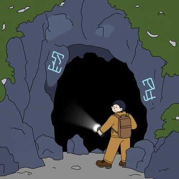 A dark cave entrance surrounded by rugged rock formations. The entrance is framed by jagged stones and partially covered by green moss. Strange symbols are etched into the rocks around the opening, glowing softly with a faint blue light. An adventurer stands at the entrance, wearing a brown leather jacket and a sturdy backpack. The adventurer has short black hair and is holding a flashlight, illuminating the inside of the cave. They appear curious and cautious, leaning slightly forward with one hand resting on the cave's edge.