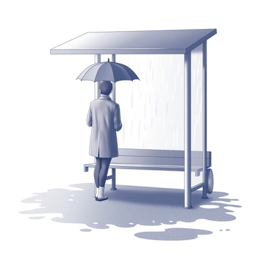 A person standing at a bus stop. The individual is holding an umbrella to shield themselves from the rain. The person is wearing a raincoat, and water droplets can be seen falling around them. The bus stop has a clear glass panel and a bench on which the person leans slightly. Puddles form on the ground, reflecting the scene above. The environment is filled with a sense of movement as rain falls steadily.