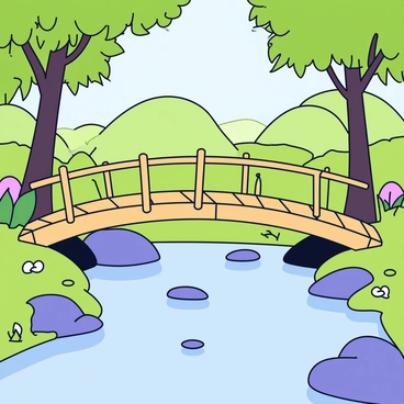 A bamboo bridge gently arches over a clear stream, with the wooden planks crafted from slender bamboo sticks. The water below is crystal clear, revealing smooth pebbles on the streambed. Lush green foliage surrounds the scene, with tall trees providing a vibrant canopy overhead. Sunlight filters through the leaves, casting playful shadows on the bridge and the water's surface. The forest floor is adorned with patches of soft moss and small wildflowers, enhancing the natural beauty of this tranquil setting.