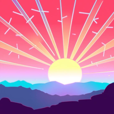 A vibrant sunrise with radiant colors of orange, pink, and yellow illuminating the sky. The sun is partially visible just above the horizon. Neuron-like rays extend outward, resembling intricate patterns with branching extensions reaching across the sky. The light from the sun creates a soft glow, casting delicate shadows on the landscape below. The horizon features silhouettes of distant mountains providing a dramatic contrast to the colorful sky.
