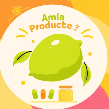 A retro-style poster featuring a large, central illustration of an amla fruit with a glossy green surface. The background is filled with vibrant shades of orange and yellow, creating a lively atmosphere. Bold text above the amla fruit reads "Amla Products" in a playful font. Below the fruit, there are smaller illustrations of amla juice and amla capsules, arranged neatly. Decorative elements like sun rays and leaves surround the fruit, enhancing the colorful and energetic feel of the poster.