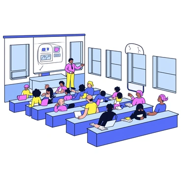 A large university lecture hall with tiered seating filled with students. Some students are sitting at their desks with notebooks open, actively writing notes. Others are typing on laptops. The lecturer stands at the front of the room, gesturing while explaining concepts. The walls are lined with large windows, allowing natural light to fill the space. A projector screen displays lecture materials above the lecturer.