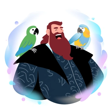 A man dressed in dark, elaborate robes is laughing maniacally. He has a long, flowing beard and intricate patterns on his clothing. His left shoulder is occupied by a parrot with vibrant feathers, displaying a mix of green, blue, and yellow colors. The parrot is perched confidently, facing outward. The background is filled with rich, gradient pastel colors that suggest a mystical atmosphere.
