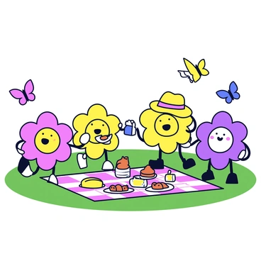 A group of flower buds personified as friends is having a picnic on a green grassy field. Each flower bud has a unique face and arms, showcasing different expressions of joy and excitement. One flower bud is wearing a little hat and holding a tiny sandwich, while another is pouring juice from a small jug. A checkered picnic blanket is spread out on the grass, adorned with various snacks like fruit and pastries. Brightly colored butterflies flutter around them, adding to the cheerful atmosphere. 