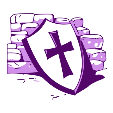 A large shield with a prominent cross emblem in the center rests against a textured stone wall. The shield is adorned with intricate patterns around the edges, enhancing its imposing appearance. The cross emblem is boldly defined, contrasting sharply against the background of the shield. The overall color scheme of the shield features one color for the shield's surface and another for the cross's outline, creating a striking visual effect.