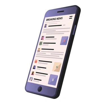 A digital flat illustration featuring a smartphone positioned upright. The smartphone screen displays the homepage of a news app. Various headlines are visible in bold text, with one headline reading "Breaking News" at the top in large font. Below, there are multiple smaller headlines, some accompanied by small images or icons representing different news categories, such as politics, sports, and entertainment. The smartphone has a sleek design with a black frame and the background is a subtle gradient to enhance the visibility of the app's content. The home button is visible at the bottom of the smartphone.