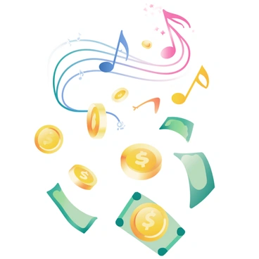 Musical notes in various colors are floating through the air, transitioning into shiny gold coins and green bills. The notes are gracefully arching upward and twisting, leaving trails of sparkles behind them. The coins are round and glimmering, catching light as they spin, while the bills are fluttering like leaves, creating a dynamic sense of movement. The background is softly blurred, emphasizing the colorful notes and the glinting currency as they dance in the air.