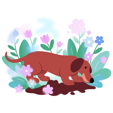 A dachshund is actively digging in a vibrant garden. The dog has a smooth, shiny coat and its body is low to the ground. Surrounding the dachshund are various colorful flowers in full bloom, including tulips, daisies, and petunias. The garden is lush and green, with rich foliage contrasting with the bright hues of the flowers. Sunlight filters through the leaves, creating a lively atmosphere. The scene captures the energy of the digging dog amidst the beauty of the garden.