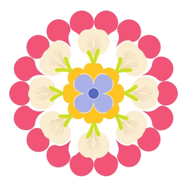 A mandala pattern composed of various flower petals arranged in intricate circular designs. The outer layer features vibrant red rose petals forming a bold border. The next layer consists of delicate yellow daisy petals, creating a cheerful contrast. In the center, an arrangement of soft purple lavender petals forms a calming focal point. Surrounding this are green leaf elements interspersed among the petals, adding texture and depth to the mandala. Each petal has detailed textures and subtle shading, enhancing the visual complexity of the pattern.
