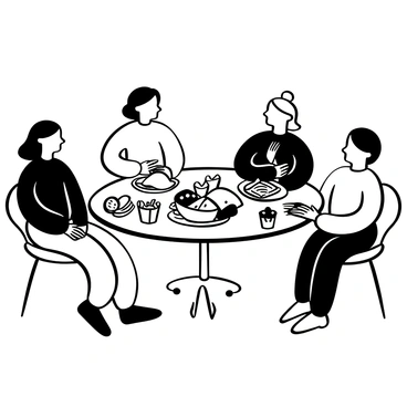 A family gathered around a dinner table. On one side, there are dishes of traditional meals, including a roast chicken, steamed vegetables, and a loaf of bread. On the other side, there are colorful fast food items, such as burgers, fries, and soda cups, arranged neatly. The table is set with plates, forks, and napkins. The family members are engaged in conversation, with some reaching for food on their respective sides of the table. There is a warm ambiance created by the arrangement and the variety of meals present.