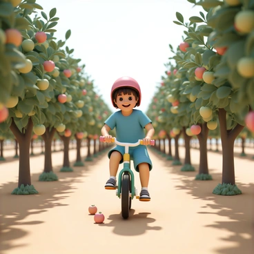 A young child, wearing a bright red helmet, a blue t-shirt, and denim shorts, is riding a small, colorful bicycle along a narrow dirt path. The orchard is filled with lush green trees, heavy with red and green apples hanging from the branches. Sunlight filters through the leaves, casting dappled shadows on the ground. The child has a broad smile on their face as they pedal, with a few apples scattered on the ground nearby. In the background, rows of trees stretch into the distance, creating a vibrant, inviting scene.