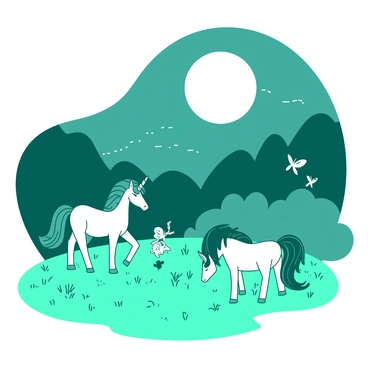 A teal meadow is illuminated by a large white full moon hanging in the night sky. Various mythical creatures, including a tall centaur with a majestic mane and colorful wings, gather in different parts of the meadow. Nearby, a small unicorn with a shimmering white coat grazes peacefully on the lush grass. In the background, a group of fairies with delicate wings flit around, leaving trails of sparkling light. The soft texture of the grass contrasts with the smooth glow of the moonlight.