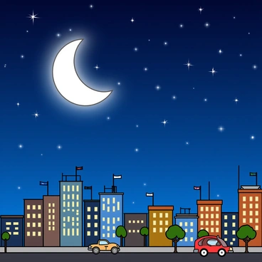 A night sky filled with a deep blue hue, showcasing a large, glowing crescent moon positioned slightly off-center. The moon has a soft, silvery glow, casting gentle light over the scene. Numerous twinkling stars sparkle throughout the sky, varying in size and brightness. Below the sky, a vibrant cityscape unfolds, featuring tall buildings with bright windows. Some buildings have antennas and rooftops adorned with small flags. The streets below are bustling with tiny car silhouettes, and there are a few scattered trees silhouetted against the moonlight. The overall scene conveys a lively urban atmosphere under a beautiful night sky.